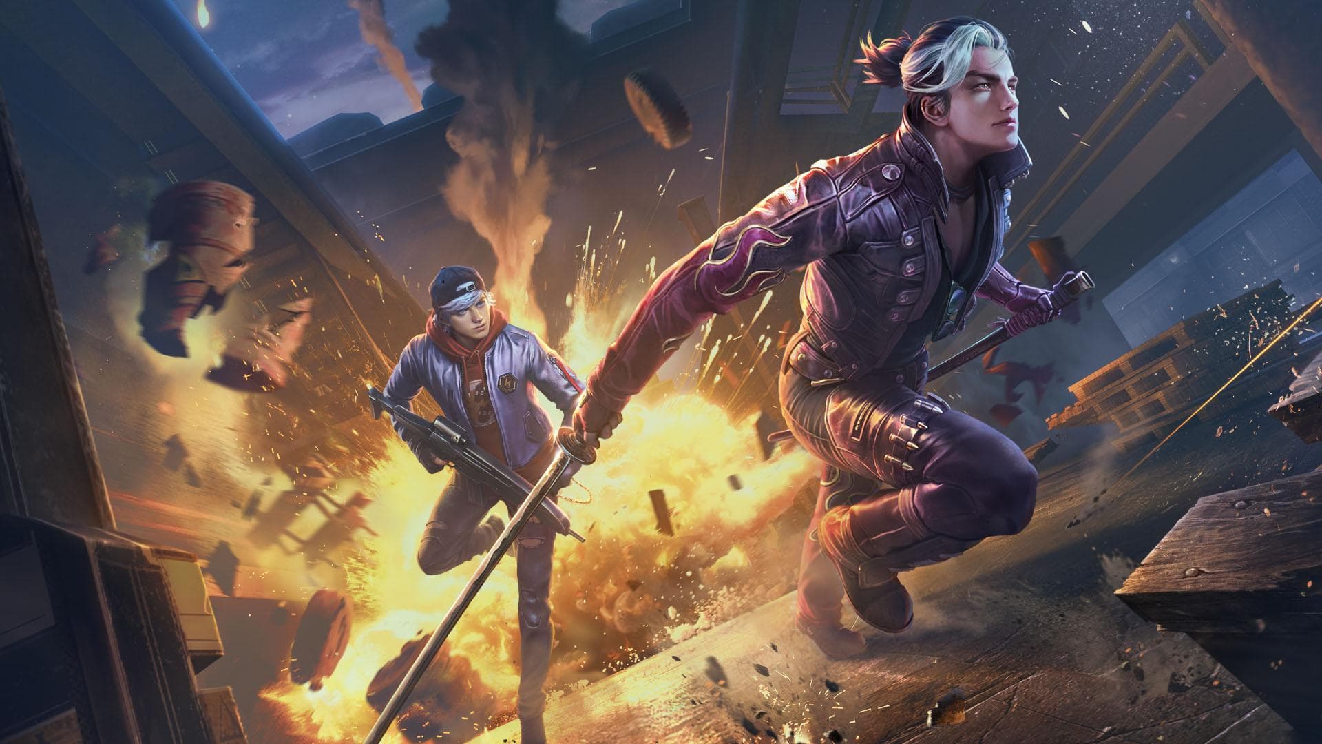 Free Fire squad charging through an explosion